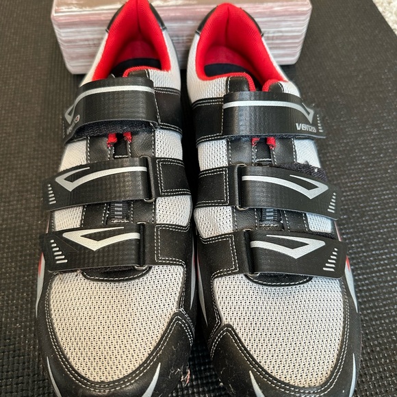 Black and Red Athletic Cycling Shoes with Velcro Straps - Picture 1 of 4